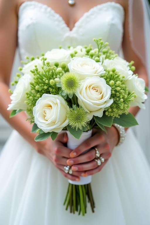 Una novia sosteniendo un exuberante ramo de flores blancas y verdes.