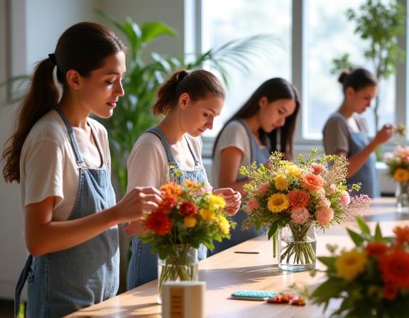 Participantes de un taller de diseño floral trabajando en sus ramos.